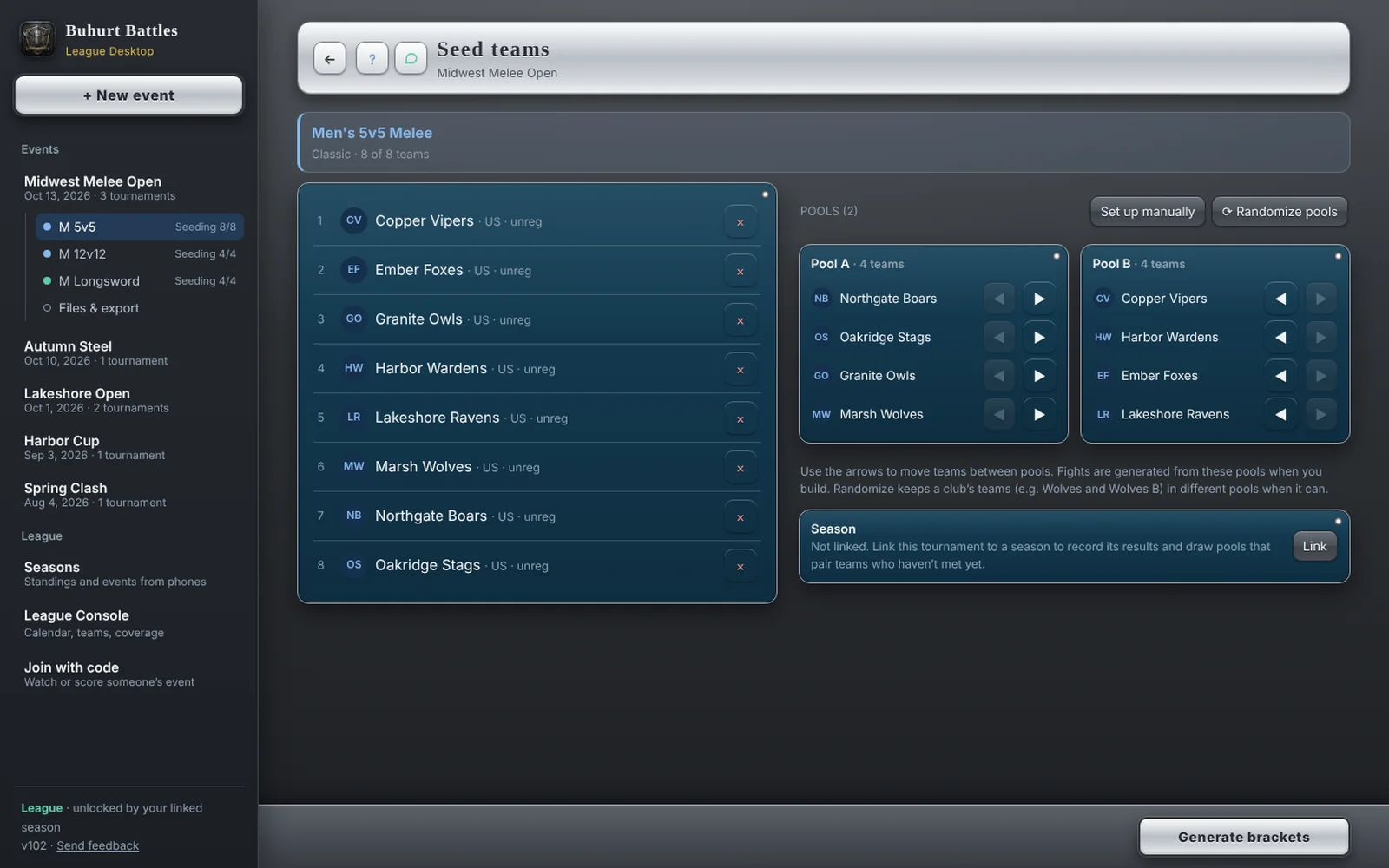 The Event Builder on a computer: entrants beside the pool draw, with the season link that evens out the pools across the season